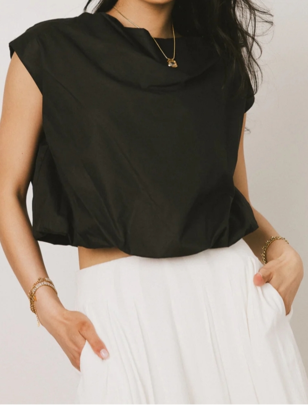 Black Cap-Sleeve Draped Crop Top